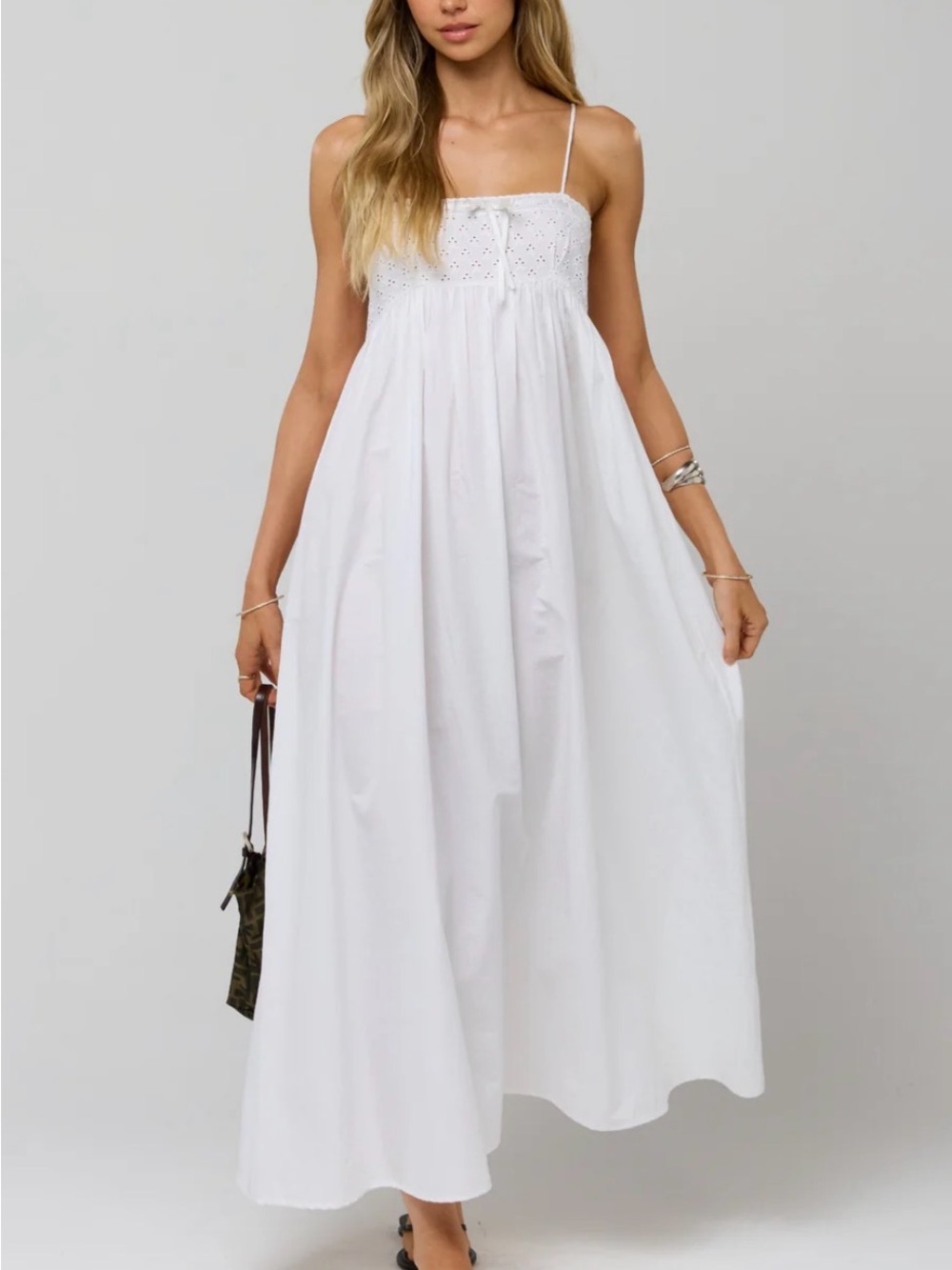 RESA Kira White Eyelet Maxi Dress with Spaghetti Straps